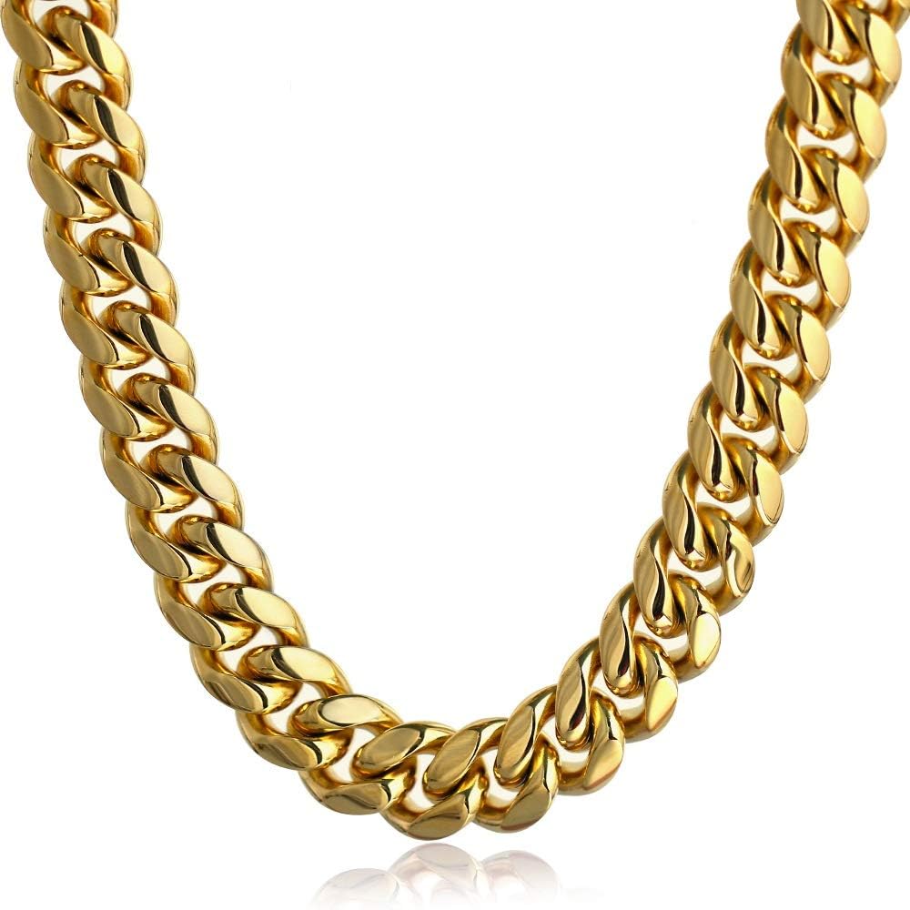 Mens Miami Cuban Link Chain Choker 18k Solid Gold Plated Hip Hop Stainless Steel 10mm-14mm Thick Necklace/Bracelet