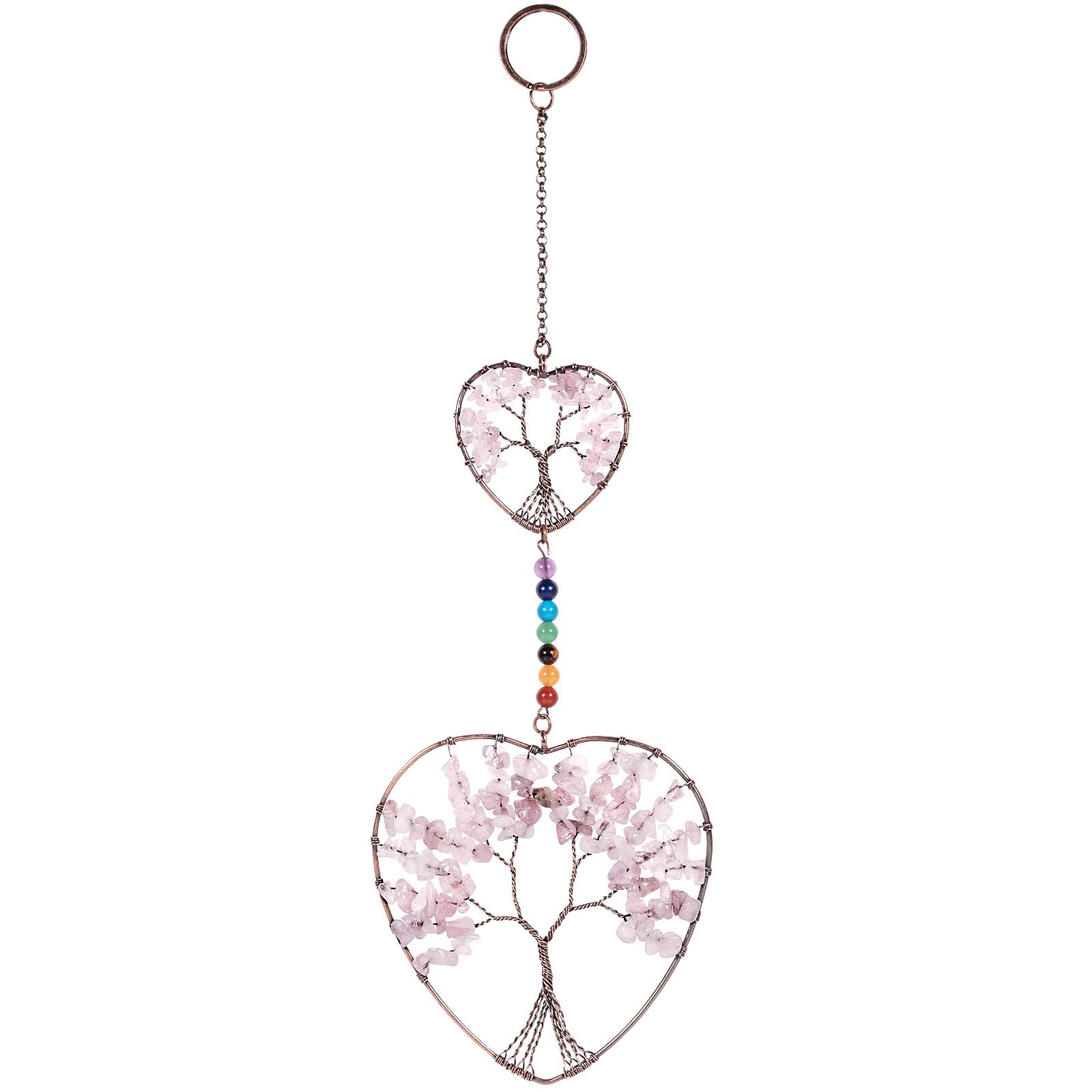 Nupuyai Rose Quartz Double Love Heart Crystal Tree of Life Hanging Ornament, Reiki Healing Stones Home Window Good Luck Wedding Decor