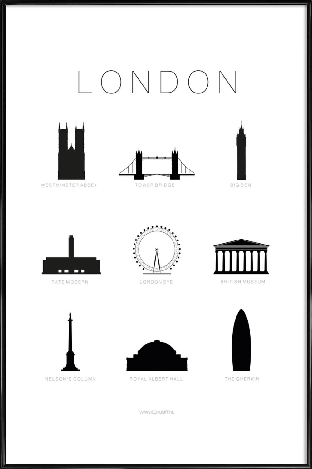 Affiche des lieux mythiques de Londres en noir et blanc