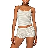 Faymlc Women 2 Piece Striped Pajama Set Y2k Sleeveless Cami Tank Top and Fold Over Shorts Lounge Set Sleepwear