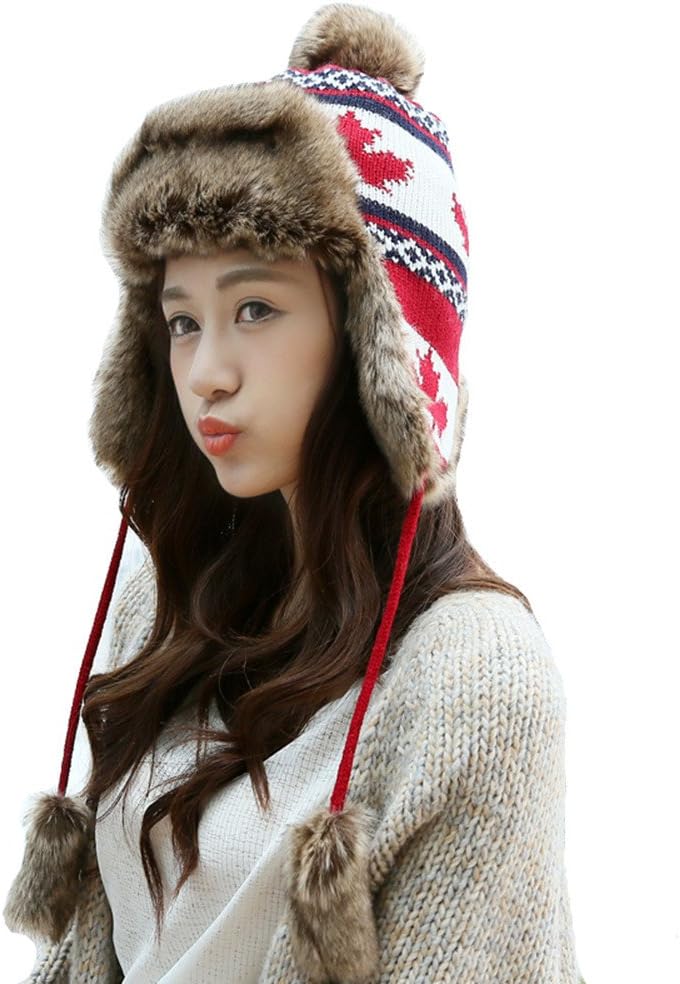 BaiRunJiaYu Women Winter Knitted Hat Faux Fur Ear Flaps with Warm Velvet Lined