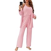 Fessceruna Womens 3 Piece Pajama Set Cami Tank Top Wide Leg Pants and Cardigan Loungewear Lounge Sets
