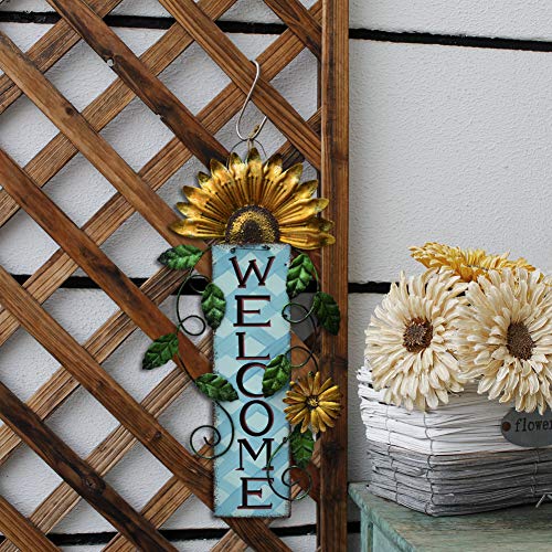 E-view Metal Welcome Sign Rustic Wall Hanging Plaque - Decorative Welcome Flower Signs for Porch Front Door Farmhouse Home Decoration Garden Themed Wreath Ornament (Yellow) - Thumbnail 3