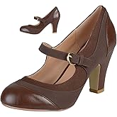 SHODENSE Women Kitten Heel Mary Jane Pumps Closed Round Toe Ankle Strap Patchwork Comfy 3” Mid Chunky Mary Jane Heels Cap Toe Two Tone Buckle Dress Shoes Ladies Wedding Vintage 4-11 M US
