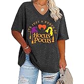 Plus Size V-Neck Halloween T Shirt Women Vintage Graphic Hocus Pocus Tees Casual Loose Fall Holiday Shirts Tops