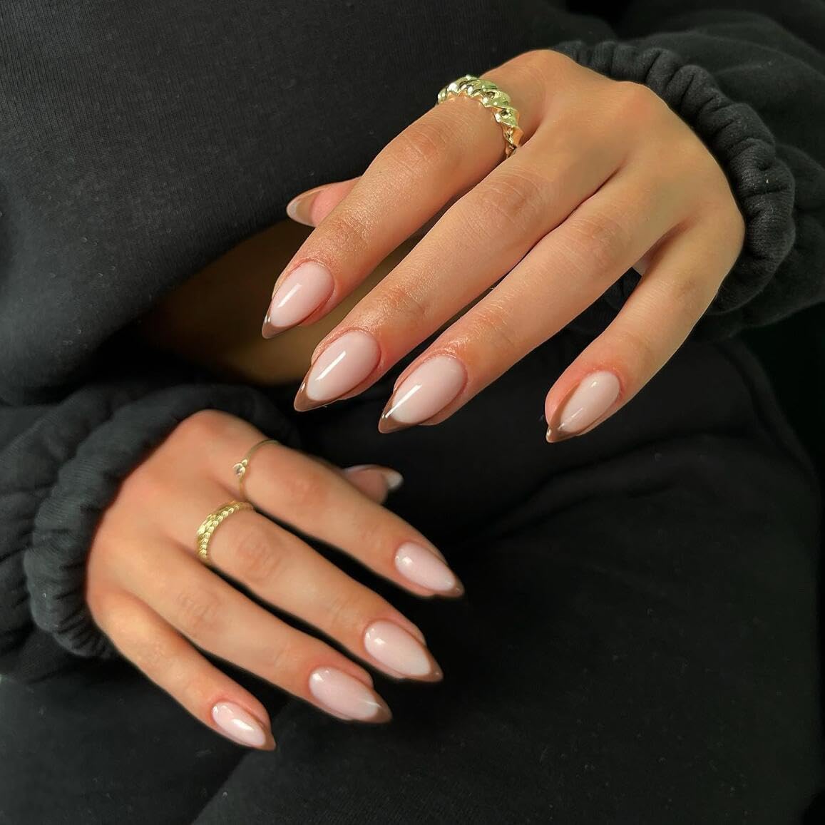 KQueenest 30 Pcs Brown French Tip Press on Nails Short Almond Nails Acrylic Medium Natural Nude Fake Nails Press ons Classic Glue on Nails Short Gel French Tip Nails Fall Nails for Women Manicure - Image 2