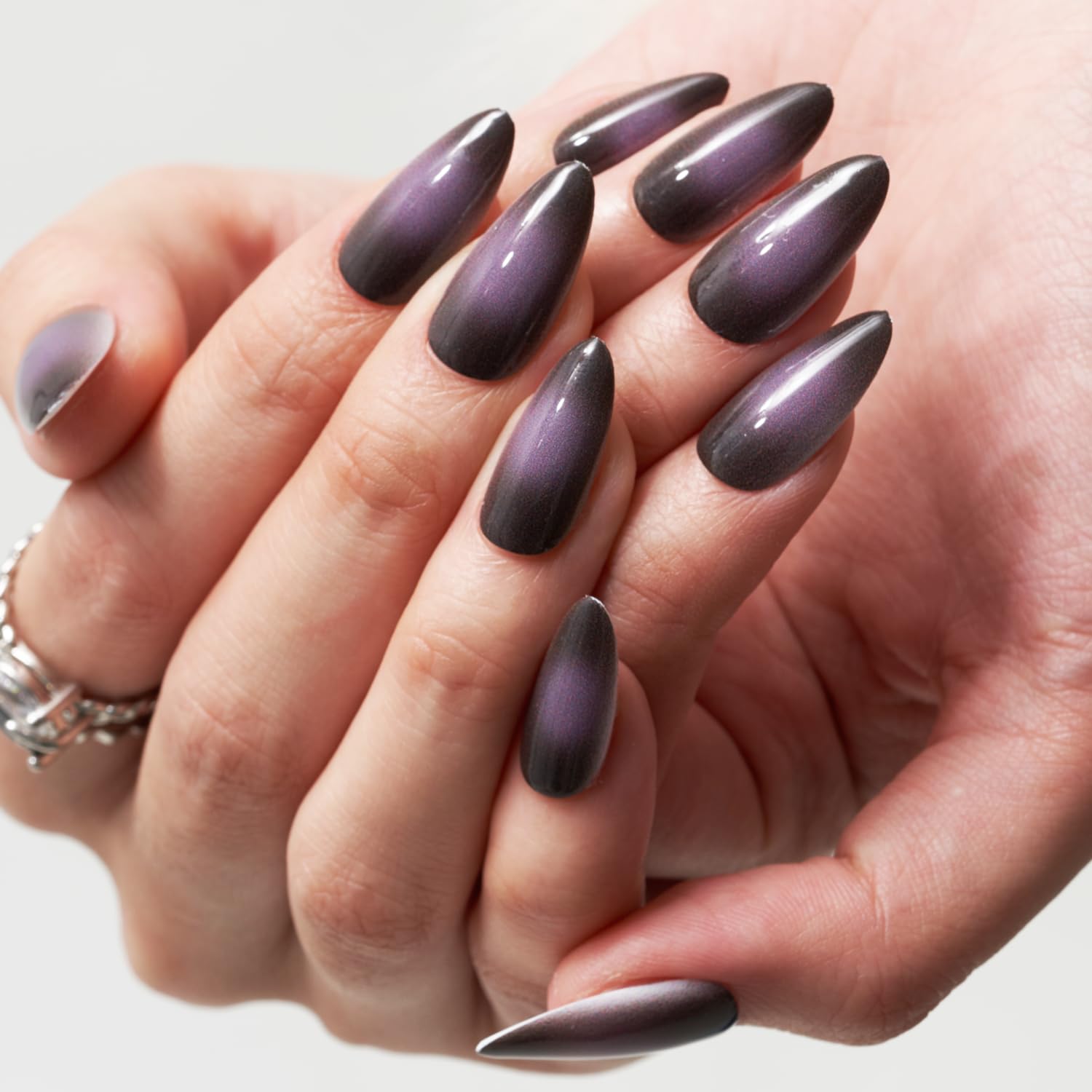 GLAMERMAID Black Pink Ombre Press on Nails Medium Almond, Purple Aurora Fake Crush Nails, Stiletto Fake Nails, Short Oval Stick Glue on Nails Tips for Women, Reusable Acrylic False Nail Kits - Image 6