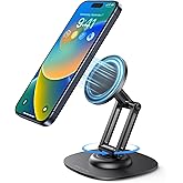 OMOTON 360°Rotating Magnetic Phone Stand for Desk, Adjustable Foldable Aluminum for MagSafe Cell Phone Stand Holder with Non-Slip Base, for iPhone 17/16/15/14 Pro Max Air/MagSafe Case- Black