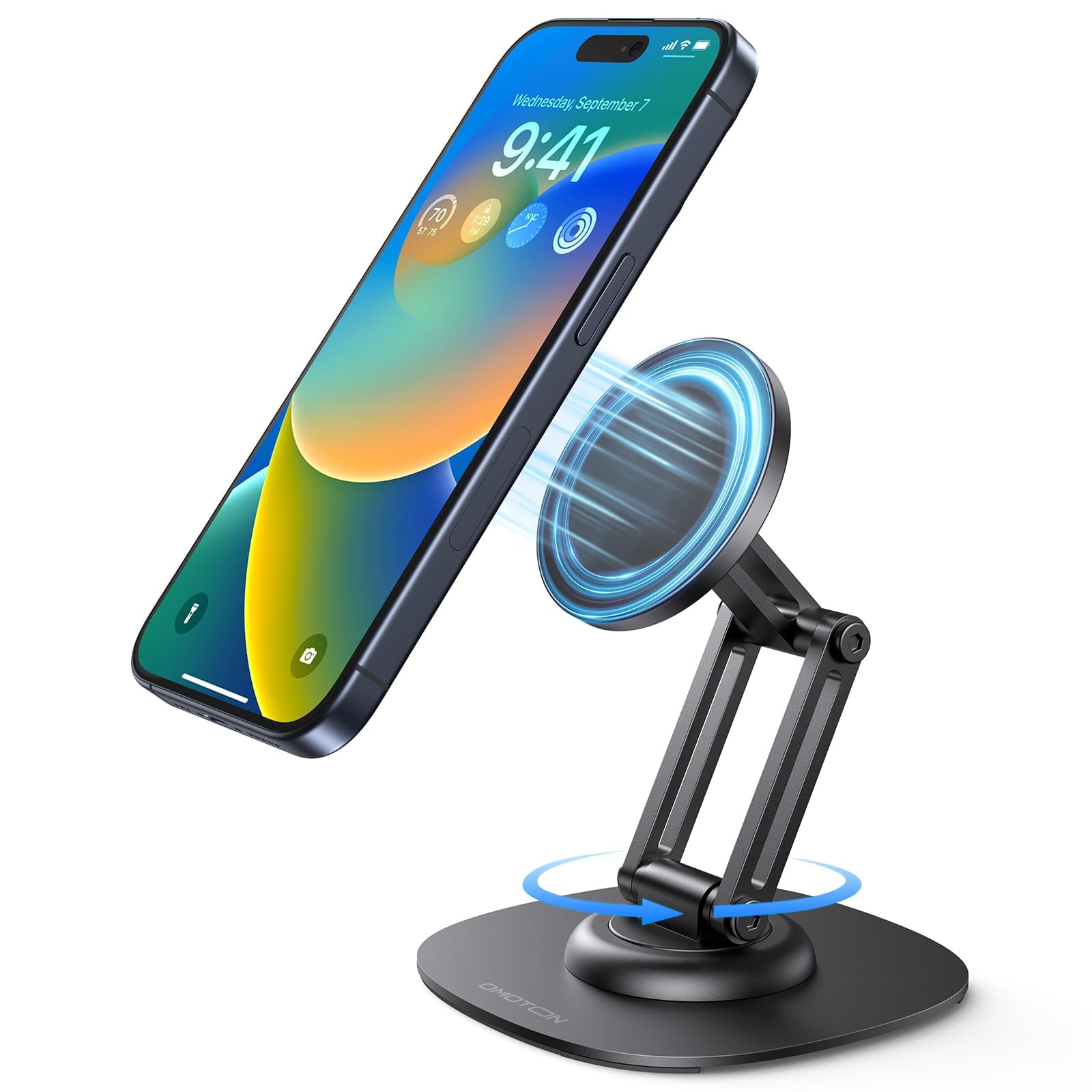 OMOTON 360°Rotating Magnetic Phone Stand for Desk, Adjustable Foldable Aluminum for MagSafe Cell Phone Stand Holder with Non-Slip Base, for iPhone 17/16/15/14 Pro Max Air/MagSafe Case- Black