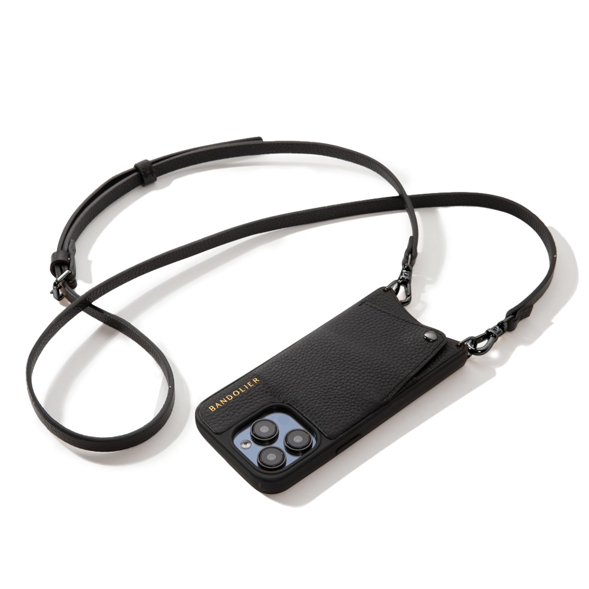 Bandolier Emma Crossbody Wallet Phone Case for iPhone 15 Pro Max. 100% Genuine Pebble Leather. Adjustable & Removable Crossbody Strap. Card Holder with Snap Closure. Black with Pewter Hardware