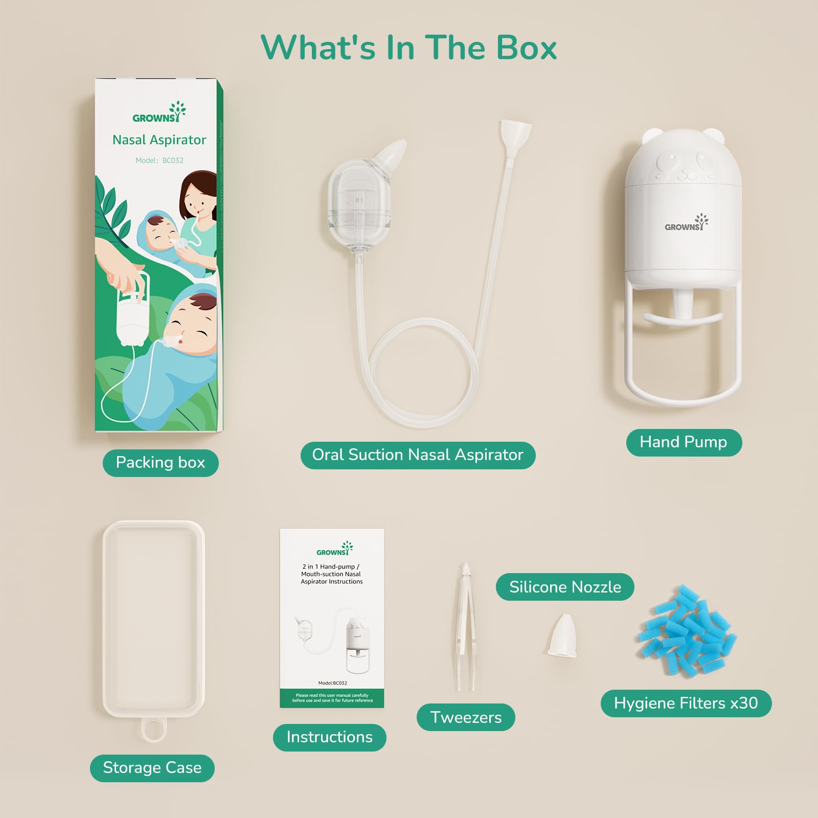 Nasal Aspirator for Baby, Hand Pump ＆ Oral Suction 2 in 1 Baby Nasal Aspirator and Baby Nose Sucker, with 30 Hygiene Filters and a Convenient Storage Travel Case