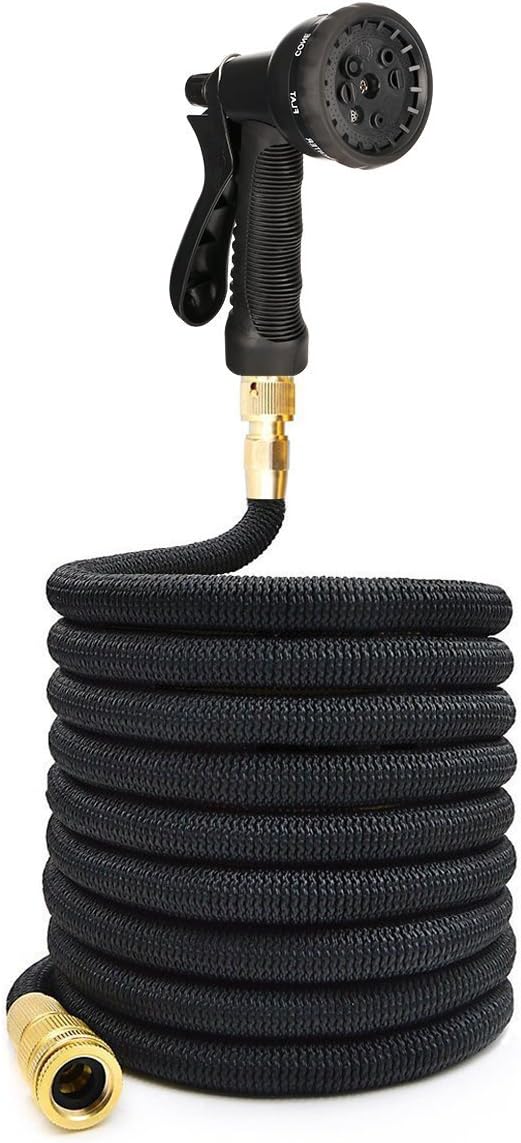 Tespressolife Garden Hose Pipe Expandable Watering Stretch Hose with 8 Function Spray Nozzle High Pressure Washer for Watering Washing Cleaning (50ft, Black)