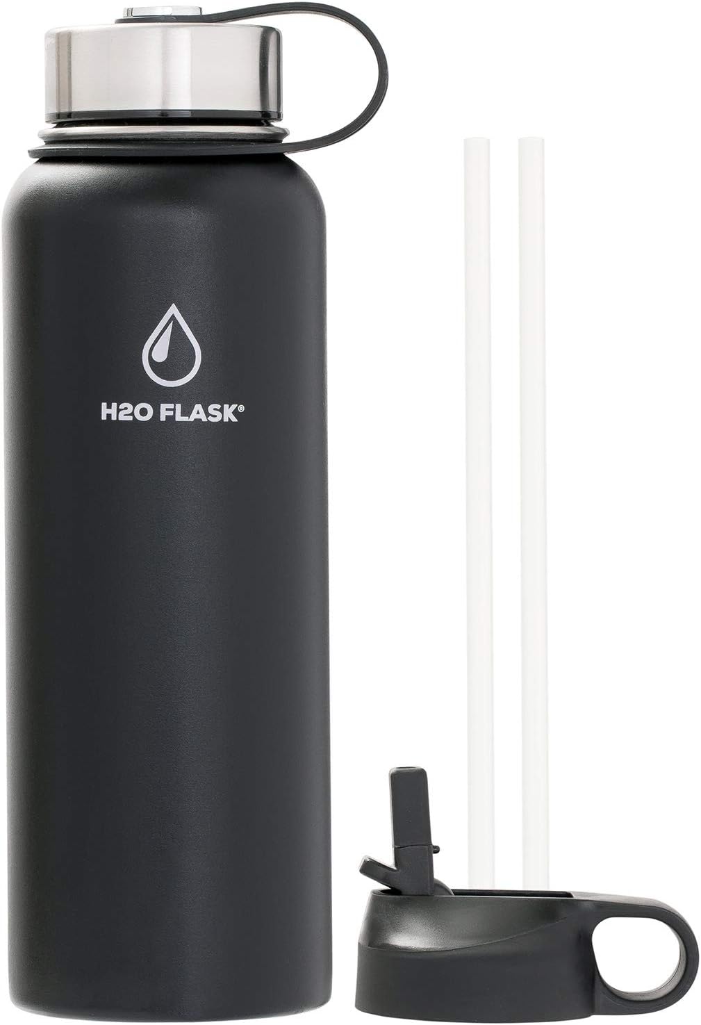 Insulated Water Bottle - Stainless Steel, Double Wall, Vacuum Insulated, 32-40oz Wide Mouth, Straw Lid & Flex Cap, Popular Colors - No Leaks, Keeps Liquid Hotter & Colder Longer - Black 40oz