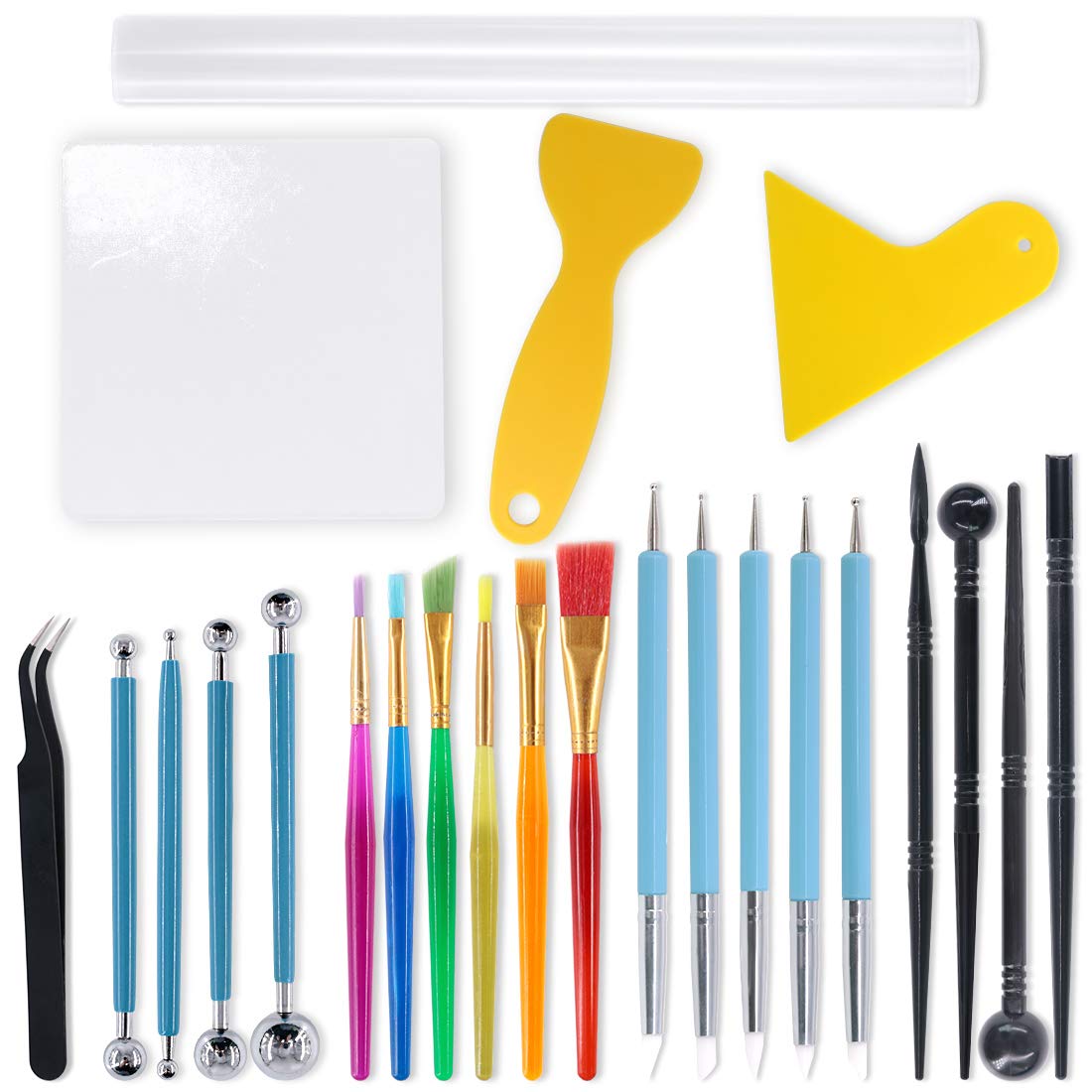 Swpeet 24Pcs Modeling Clay Sculpting Tools Kits, Painting Brush, Dual-Ended Design Pottery Tools, Ball Stylus Tool, Plastic Ball Rod Stylus Modeling Tools, Clay Roller, Clay Scarper for Modeling Clay