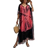 Lziizl Kaftan Dresses for Women Plus Size Bathing Suit Cover up Batwing Sleeve Caftan Maxi Beach Dress