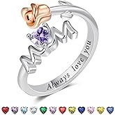 LEXLUNE Rose Ring For Women, Flower Ring For Women, Sterling S925 Silver, Birthstone Ring for Mother from Son Daughter, Birthday Gift For Mom, Adjustable Ring, I Love You Mom
