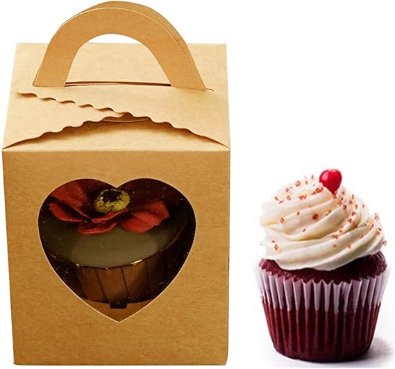 Single Cupcake Boxes,50 Pack HeartShaped Brown Kraft Bakery Boxes with