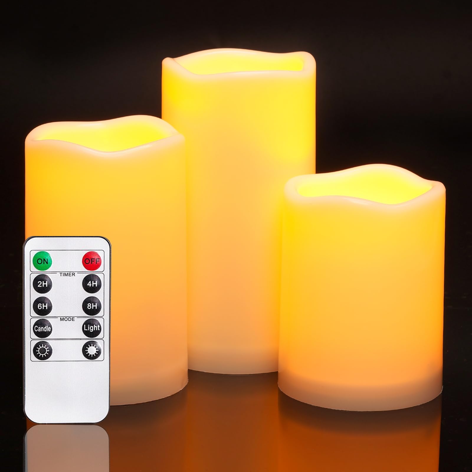 Photo 1 of *** MISSING 1 CANDLE***CHomemory 3 Pack Flameless Candles, Outdoor Waterproof, Battery Operated LED Pillar Candles with Remote Control and Timer, Plastic, Long Lasting?4”5”6”