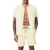 LecGee Men Summer Casual Short Sets Solid Short Sleeve Pocket Button Down Shirt Elastic Shorts 2 Piece Outfits Tracksuit
