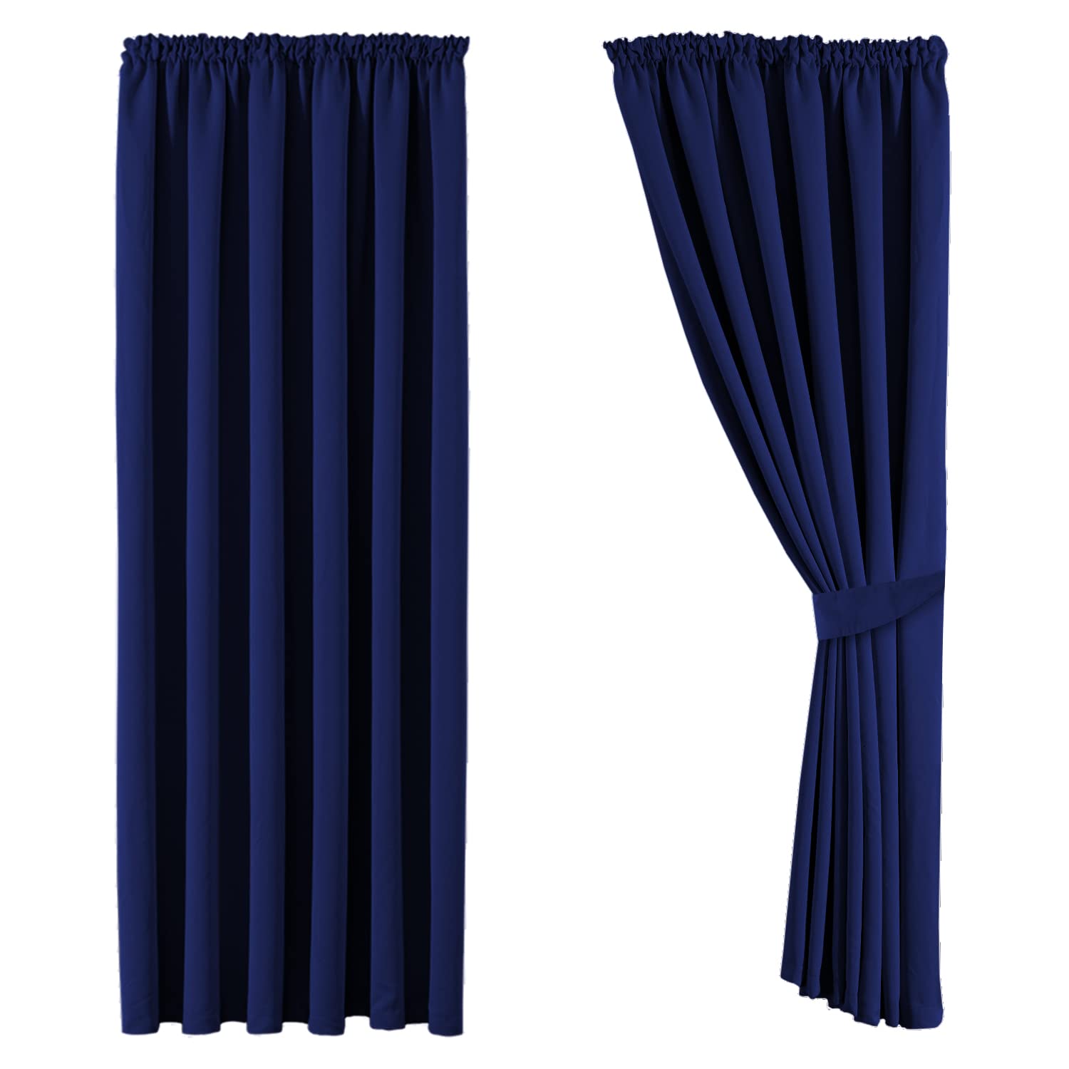 Aspire Homeware Blackout Curtains for Living Room - Navy Bedroom Pencil Pleat Curtains 66x90 inch Drop Thermal Insulated Super Soft Window Treatments Black Out Curtain + 2 Tiebacks