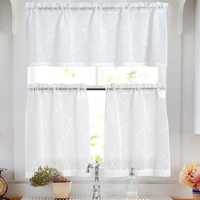Sheer Kitchen Curtain Sets with Valance 3 Pcs Moroccan Trellis Pattern
