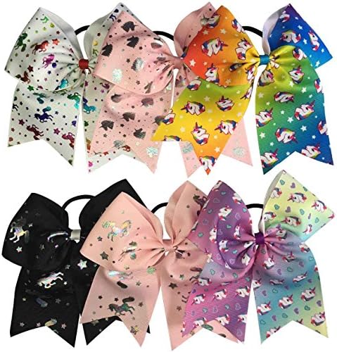 7" Big Unicorn Hair Bows for Girls Large Rainbow Cheer Bow For Kids Cute Little Girl Hair Accessories For Girls Colorful Unicorn Cheer Bows Hair Bows Elastic Tie Ponytail Holder Unicorns Party