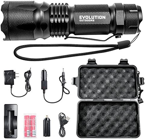 EVOLUTION OUTDOORS Military Tactical LED Flashlight - Bright 800 Lumens LED Torch Flashlight with 18650 Rechargeable Battery and Charger and AAA Battery Holder for Work, Car, Flashlights - 5 Modes
