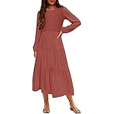 MITILLY Girls Boho Midi Dress Puff Long Sleeve Crew Neck High Waist Smocked Tiered Casual Long Dress with Pockets