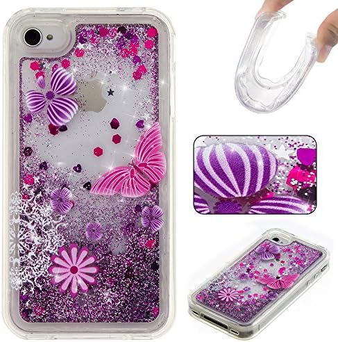 iPhone 4S Case, iPhone 4 Case, Rosepark 3D Creative Design Luxury Bling Glitter Sparkle Liquid Glitter and Stars Moving Quicksand TPU Case for iPhone 4/4S(Butterfly&amp;Purple)