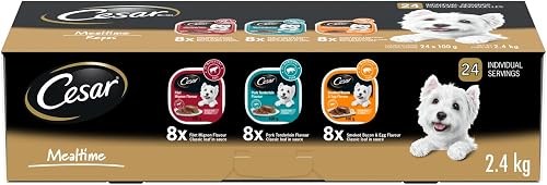CESAR Classic Loaf in Sauce Adult Wet Dog Food Mealtime Variety Pack, with 8 Filet Mignon, 8 Pork Tenderloin & 8 Smoked Bacon & Egg Flavours, 24x100g Trays