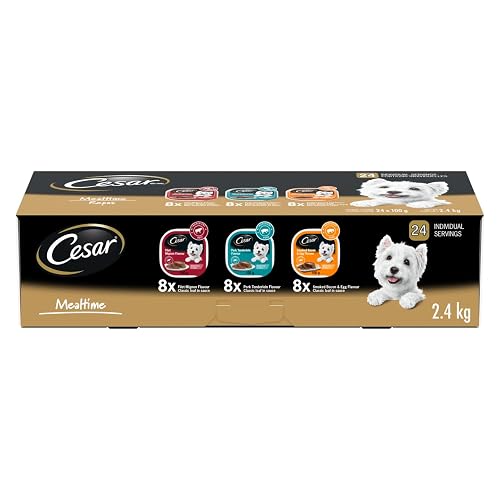 CESAR Classic Loaf in Sauce Adult Wet Dog Food Mealtime Variety Pack, with 8 Filet Mignon, 8 Pork Tenderloin & 8 Smoked Bacon & Egg Flavours, 24x100g Trays