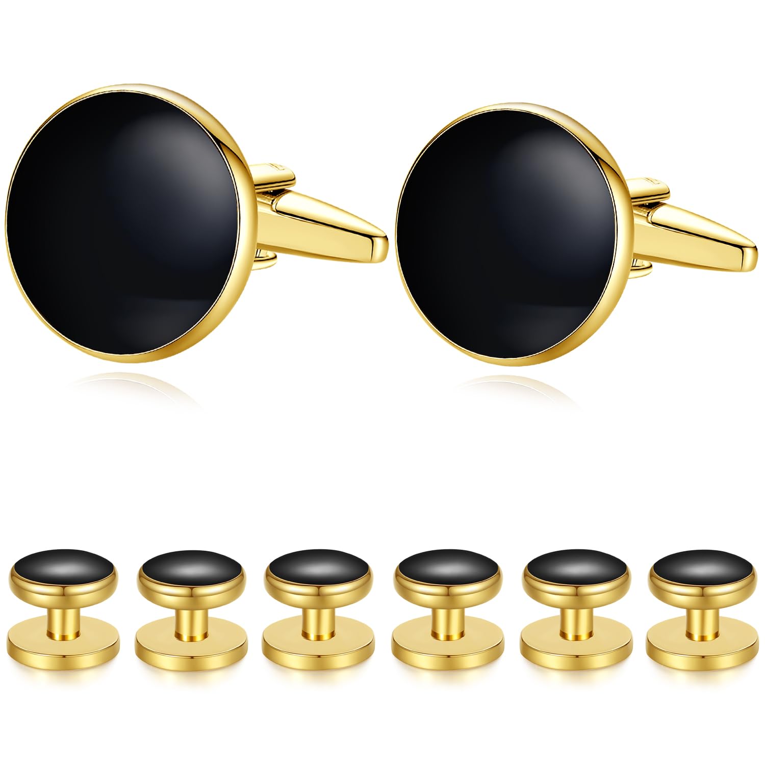HONEY BEAR 8pcs Set Cufflinks and Studs - Black Onyx, for Men Shirts Tuxedo Wedding Gift …