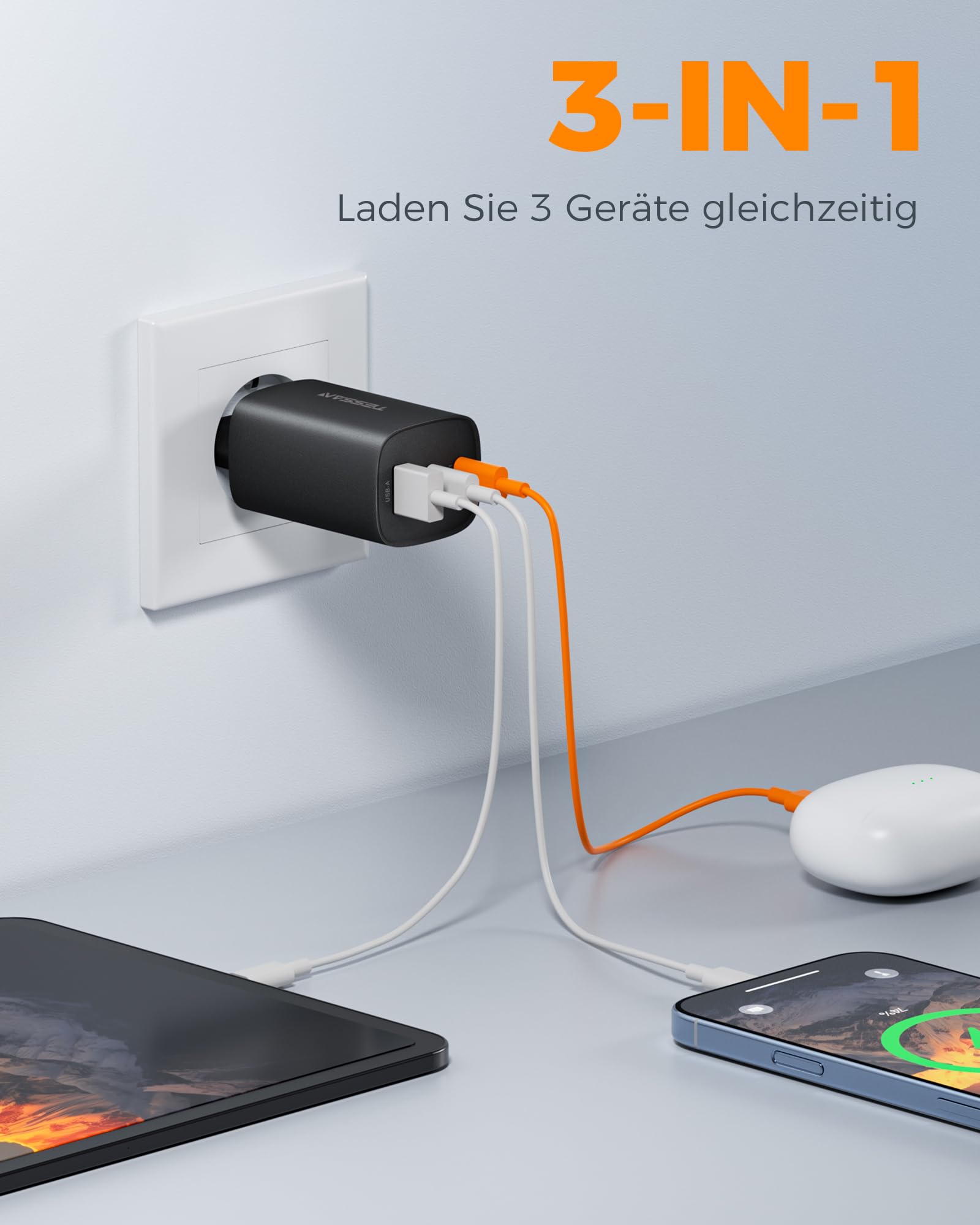 TESSAN PD 65W USB C Ladegerät, 3-Port Netzteil mit 2 USB-C und 1 USB-A 2