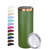 Metalya 20 oz Skinny Tumblers Bulk, Stainless Steel Insulated Tumbler with Lids and Straws, Slim Double Wall Powder Coated Travel Coffee Mugs, Reusable Cup for Hot and Cold Drinks (Army Green,1 pack)