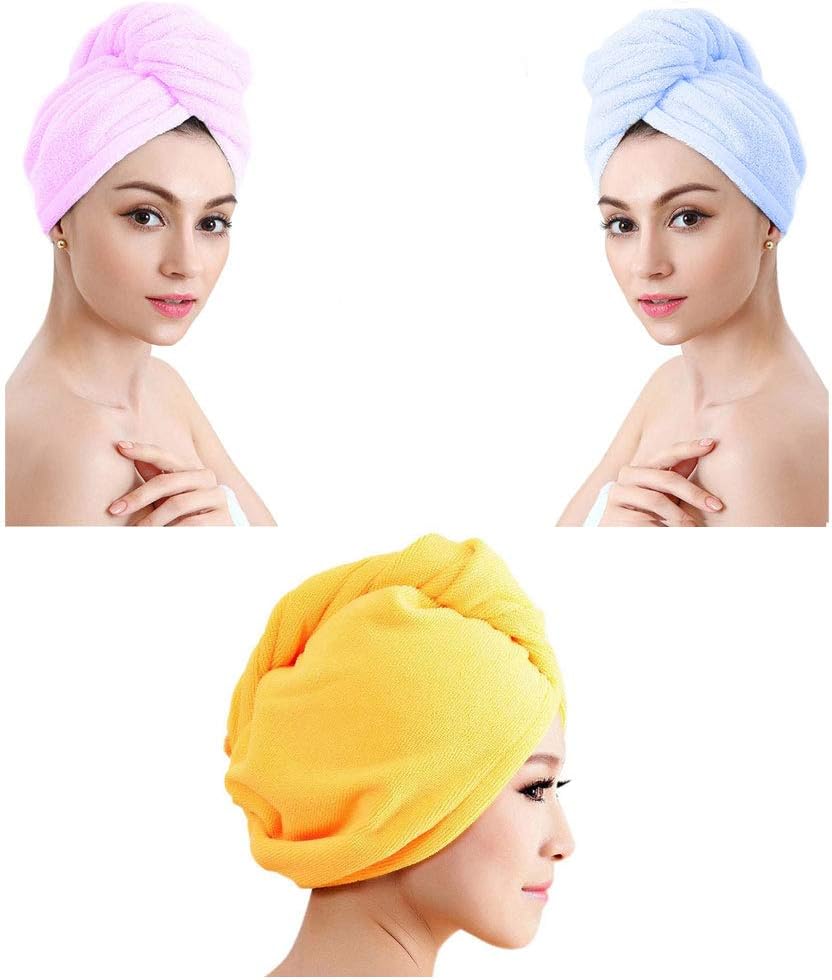 Simply Gorgeous Microfiber Towel Hair Wrap with Loop & Button - Set of 3 Blue Pink and Yellow