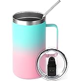 Volhoply 24oz Insulated Coffee Mug with Lid and Straw, Stainless Steel Travel Mugs with Handle, Double Wall Vacuum Leak Proof Coffee Tumbler Cup (Green Pink,1)