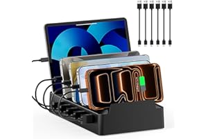 Charging Station for Multiple Devices, 6 Port Charger Stations with Flame-Retardant Material & 6 Cables for Apple, Android, i