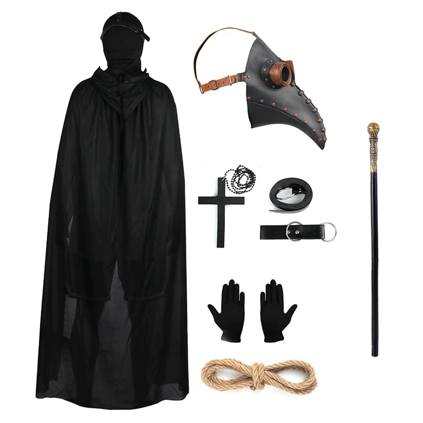 Halloween Props Costume Set - Retro Leather Bird Mask with Full Face Mask, Cane, Black Hooded Cloak, Gloves, Cross Necklace, Ringe Buckle Belt for Halloween Cosplay (Black Orange)
