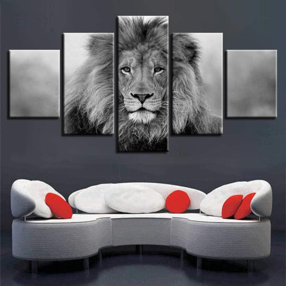 JimBla Large Wall Canvas Black And White Animal Canvas Art 5 Pieces Of Lion Poster Decoration Living Room-Frameless 40X60_40X80_40X100Cm