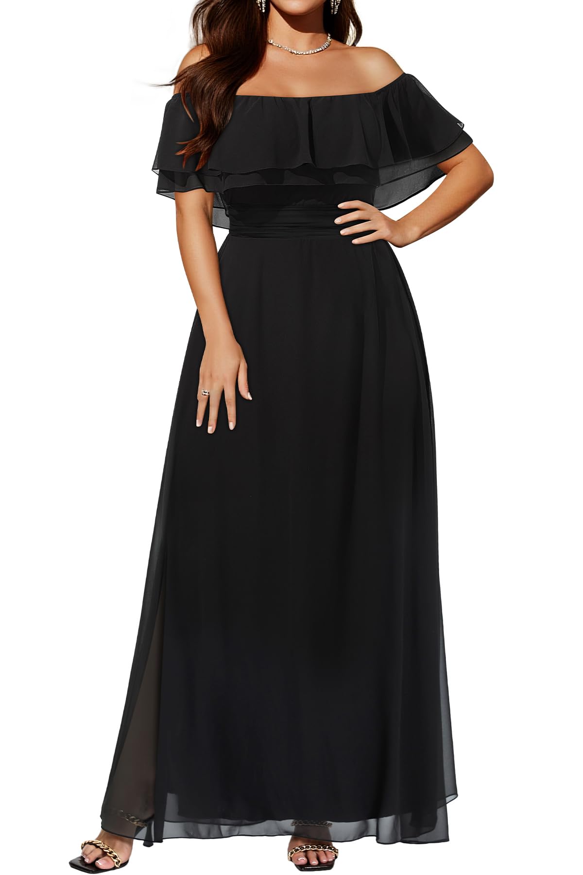 Photo 1 of Women Plus Size Formal Dresses Black Off The Shoulder Wedding Guest Maxi Long Chiffon Evening Ruffle Sleeve Flowy Dress