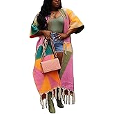 NRTHYE Women's Tassel Sweater Cardigan Open Front Fringe Colorful Long Cardigan Poncho Wrap Sweater