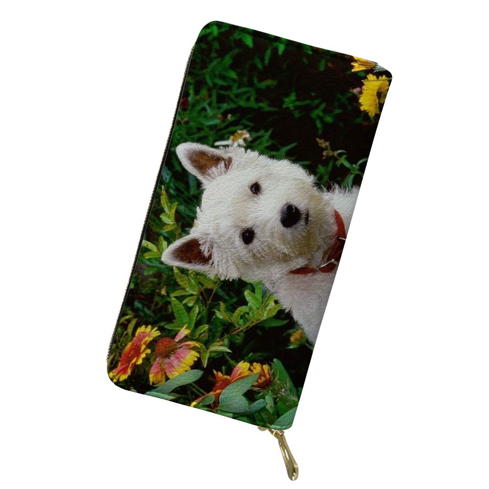Coloranimal Cute Westie Floral PU Leather Long Wallet for Women Men West Highland White Terrier Cultch Purse Cell Phone Coin Money Pouch with Zip Handbag Credit Card Holder