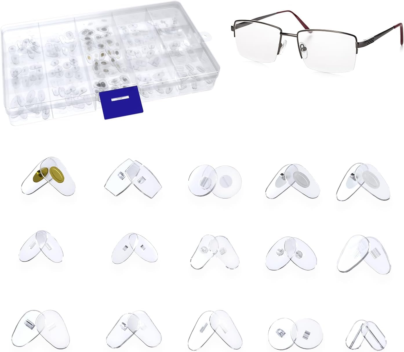 MMOBIEL 150 Pairs Eyeglass Repair Kit Clear Transparent Eye Glasses Nose Support Pads for Eyeglass Sunglass - 15 Different Shapes