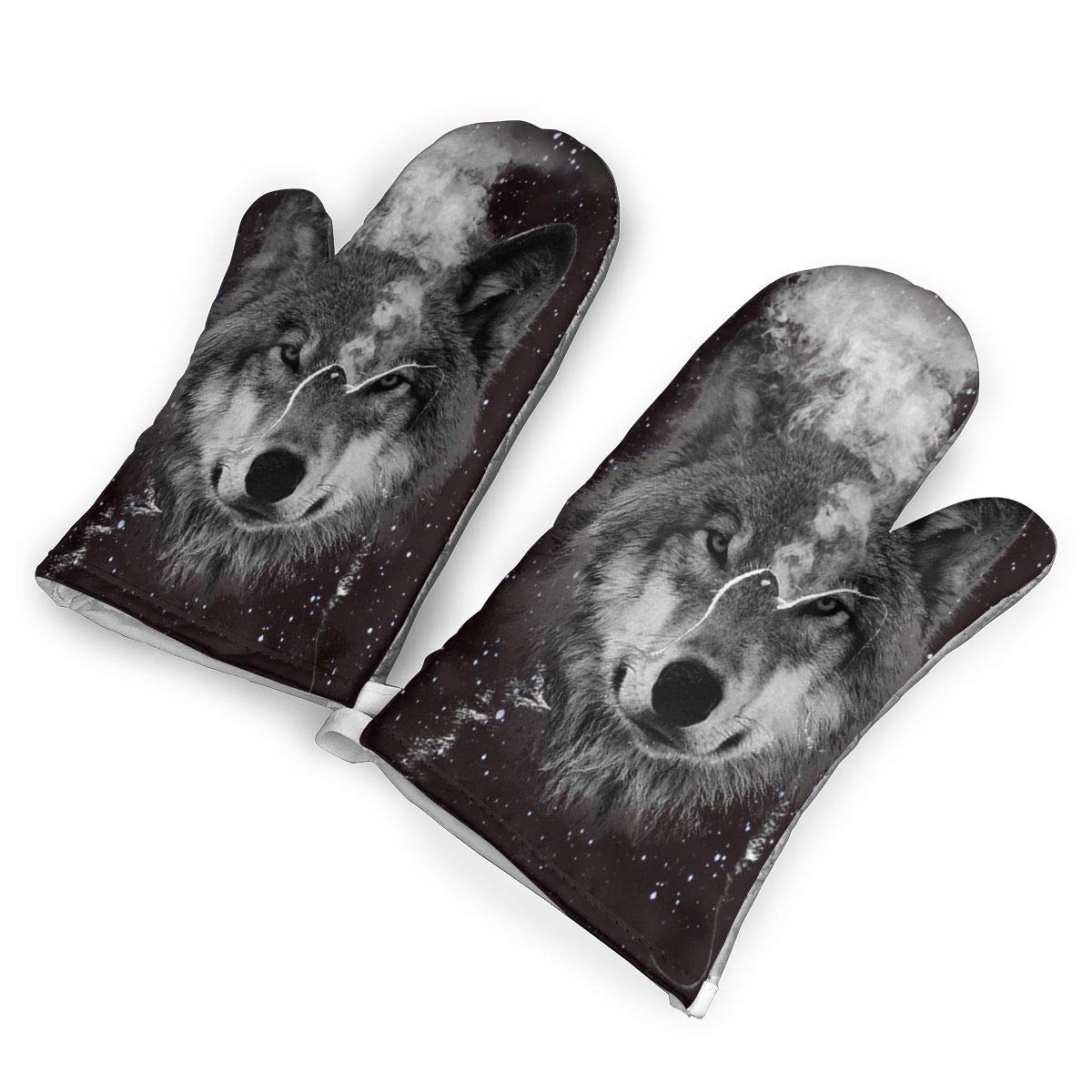 TRENDCAT Cool Winter Wolf Oven Mitts/Gloves - Heat Resistant Handle Hot Oven/Cooking Items Safely - Soft Insulated Deep Pockets Pack of 2 Mitts