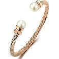 Classic Ladies Stainless Steel Bangle Bracelet with Synthetic White Pearl