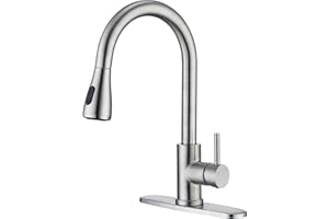 MAYYAYA Kitchen Faucet with Pull Down Sprayer- Brushed Nickel Sink Faucets, 360° Swivel Single Handle High Arc Stainless Steel, Commercial Modern Kitchen-Faucets, 1/3 Hole, Deck Plate Included (2-Model)