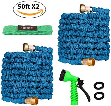 Greenbest Expandable Garden Hose, 50ft Flexible Water Hose w/Spray Nozzle &amp; Binding Tape, Pack of 2 (Blue)