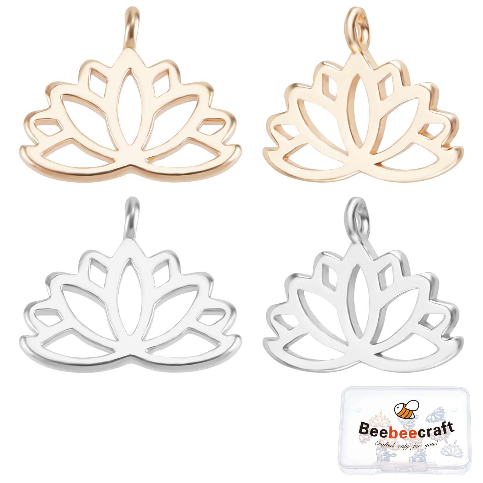 Beebeecraft 1 Box 10Pcs 2 Colors Lotus Flower Charms Real 18k Gold Plated and Platinum Plated Flower Yoga Beads Charms Crafts Supplies for DIY Necklace Bracelet Earrings