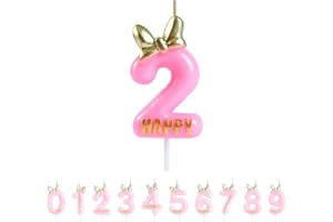 EAKE Pink Birthday Candles Number 2 with Bow Bowknot Bowtie and Metallic Gold Mini Happy Letter for Happy 2nd Mouse Theme Bir