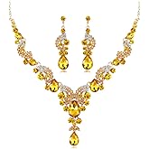 Wekicici Rhinestone Crystal Bridal Art Deco Floral Wave Teardrop Necklace Earrings Set for Women